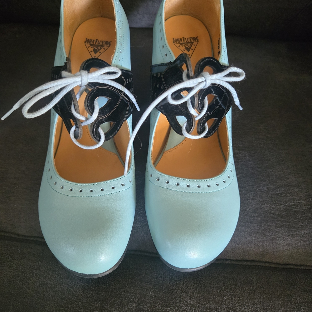 John Fluevog Bellevue Mollie Johnson Lace Up Aqua and Black Heels - Picture 2 of 7